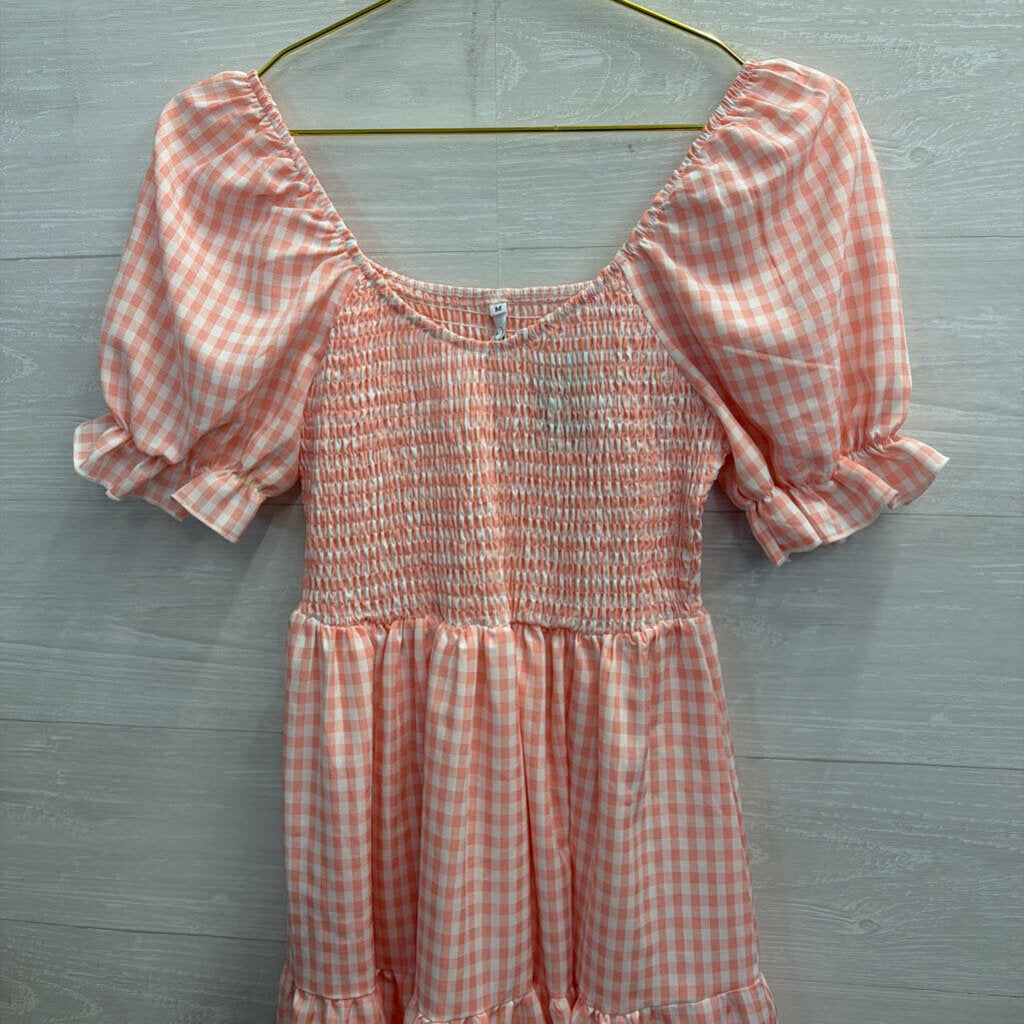 Pink/ White Gingham Short Puff Sleeve Dress Medium