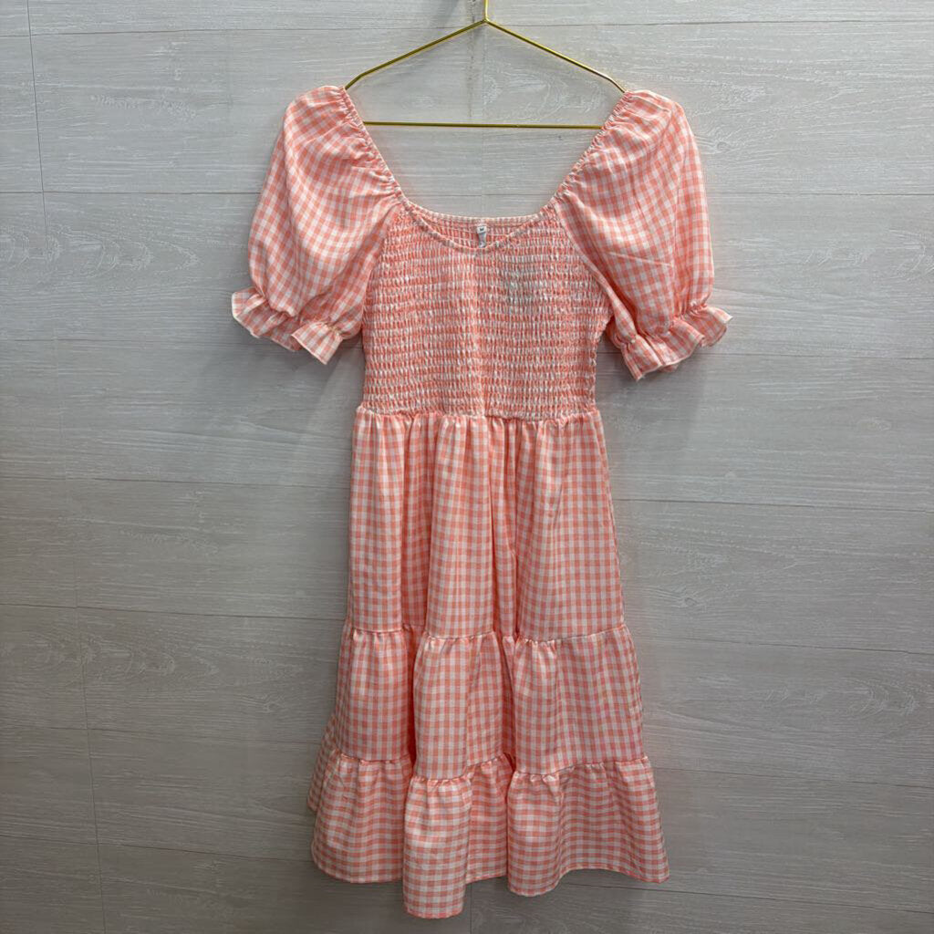 Pink/ White Gingham Short Puff Sleeve Dress Medium