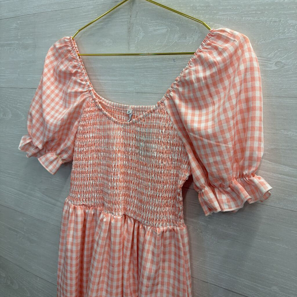 Pink/ White Gingham Short Puff Sleeve Dress Medium