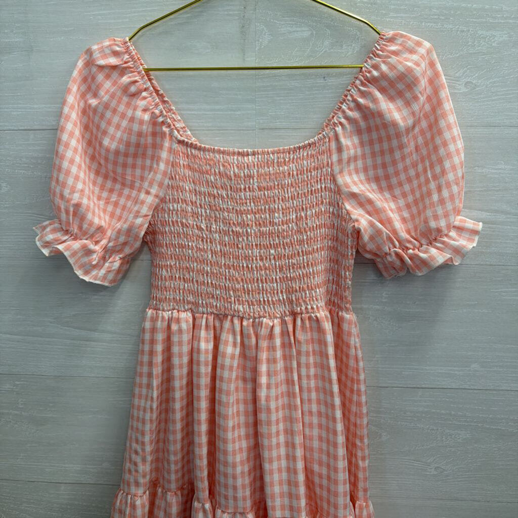 Pink/ White Gingham Short Puff Sleeve Dress Medium