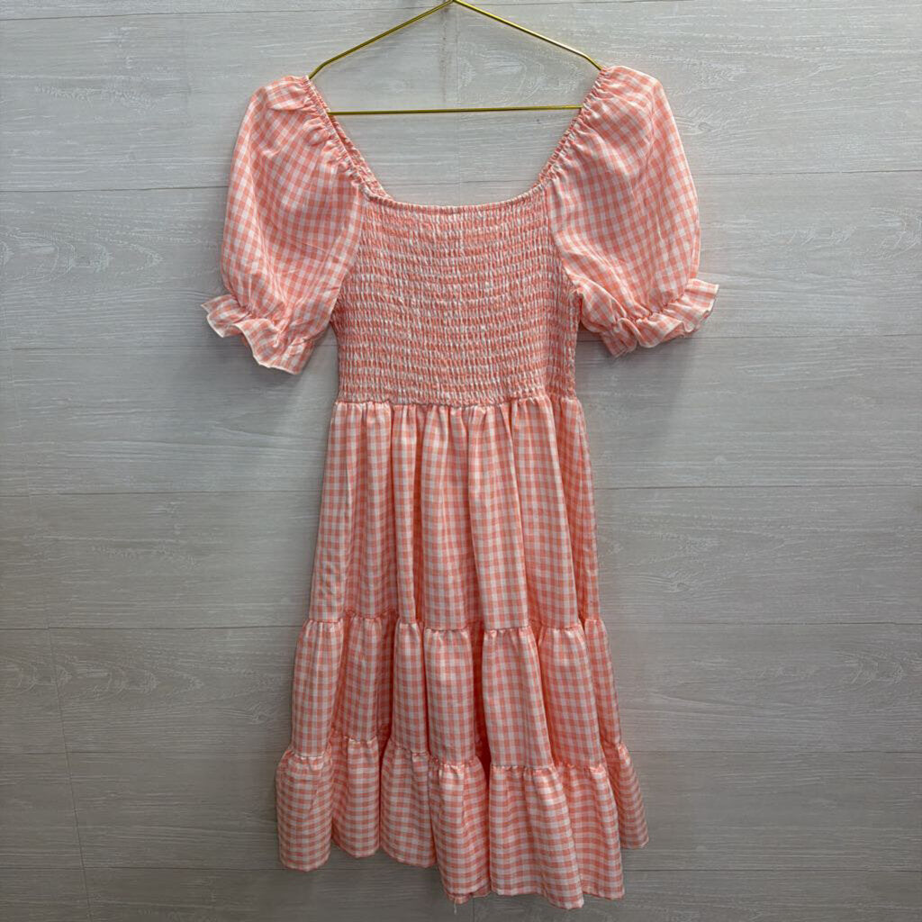 Pink/ White Gingham Short Puff Sleeve Dress Medium
