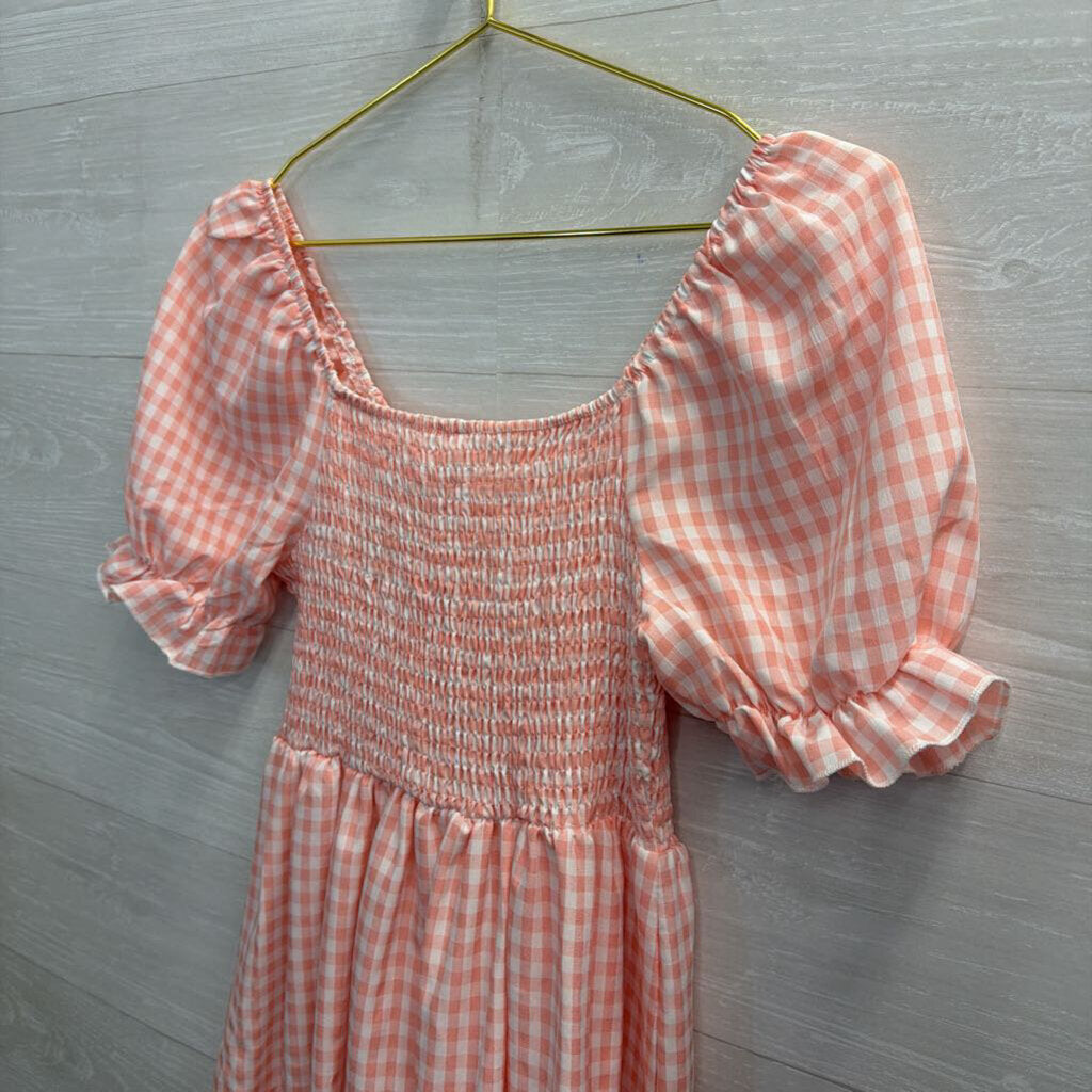 Pink/ White Gingham Short Puff Sleeve Dress Medium