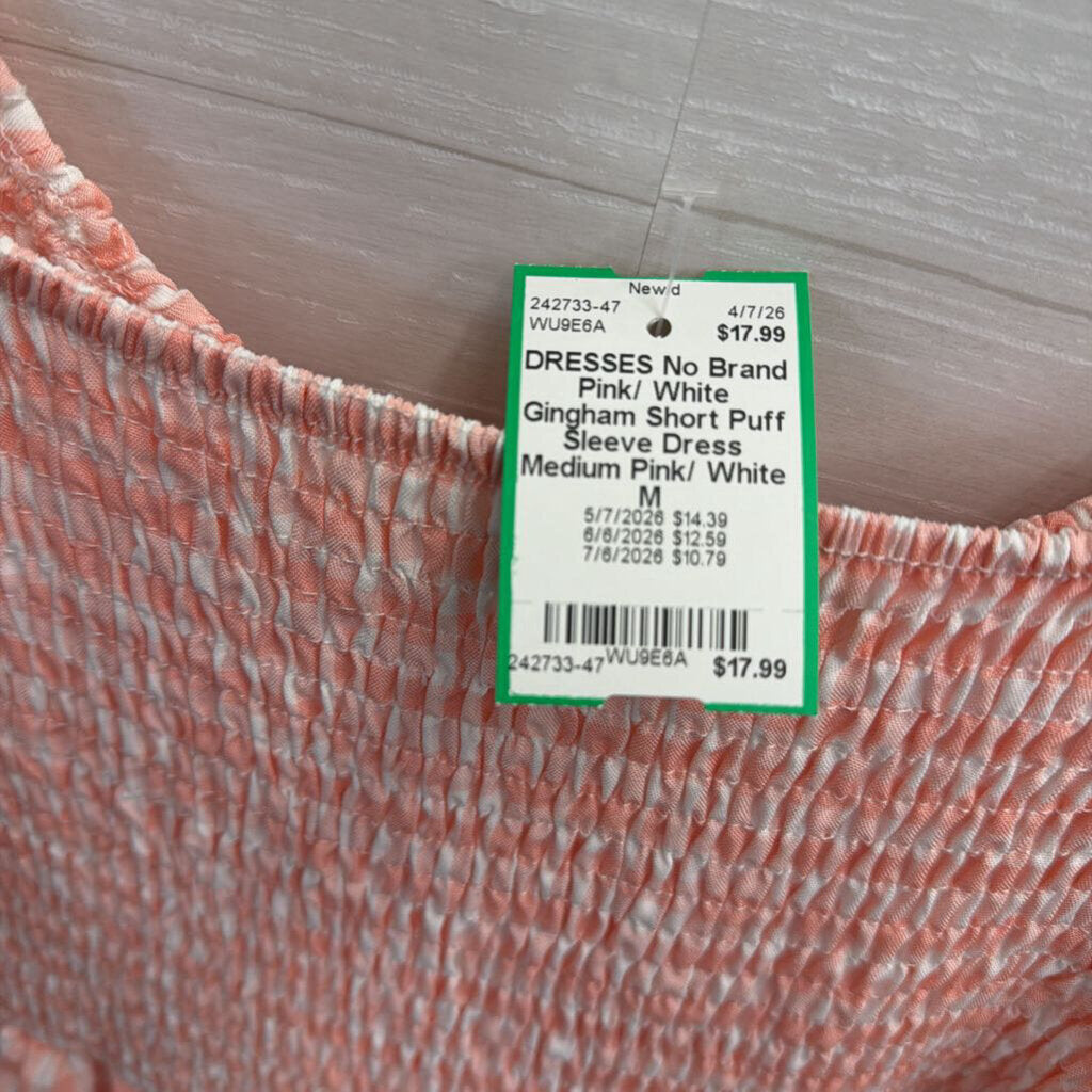 Pink/ White Gingham Short Puff Sleeve Dress Medium