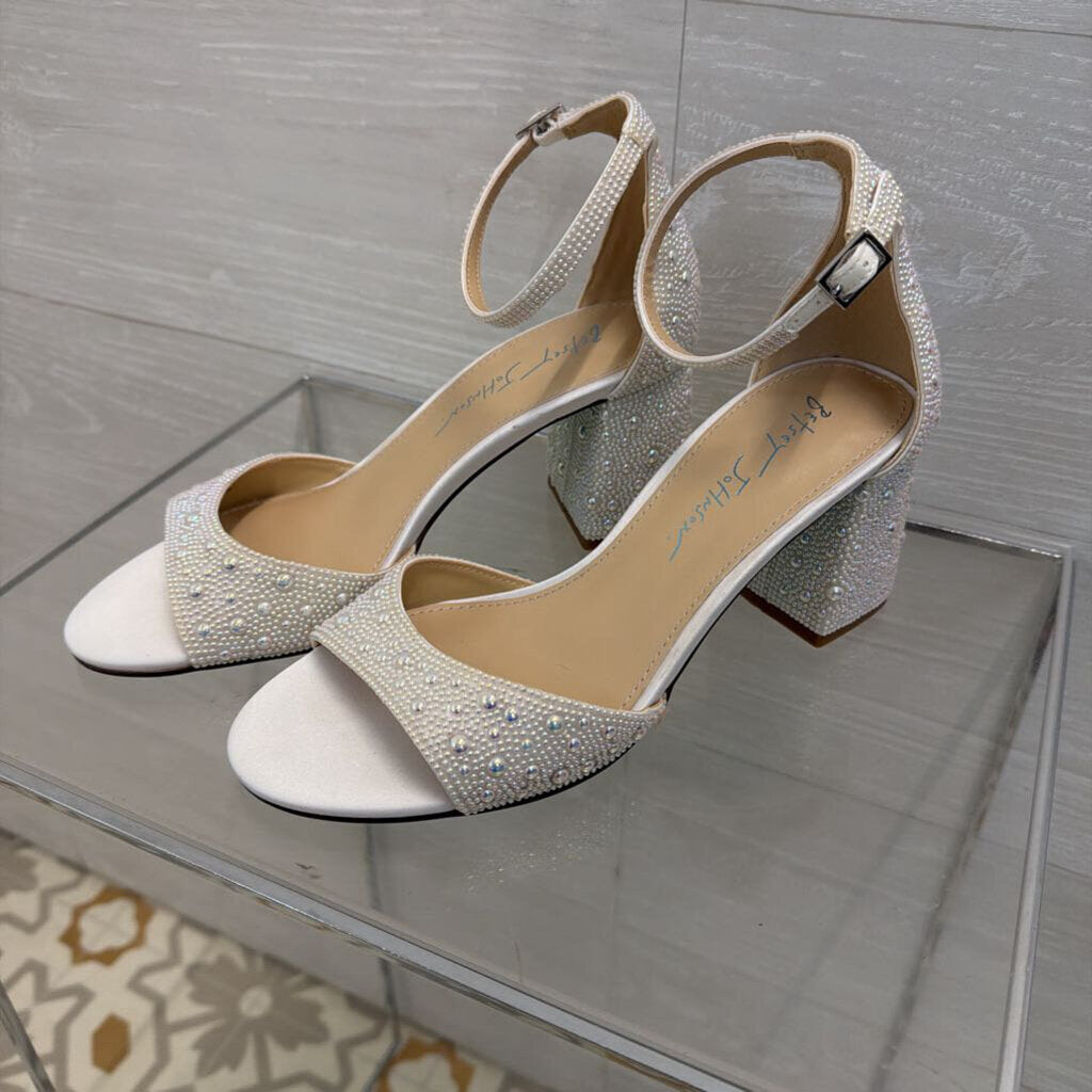 Betsey Johnson Kami Pearl Embellished Block Ankle Strap Heels 7