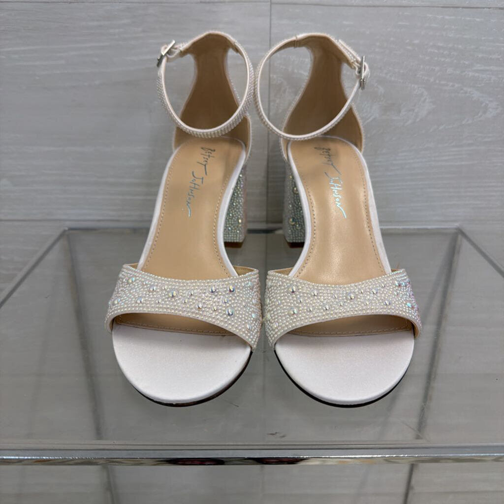 Betsey Johnson Kami Pearl Embellished Block Ankle Strap Heels 7