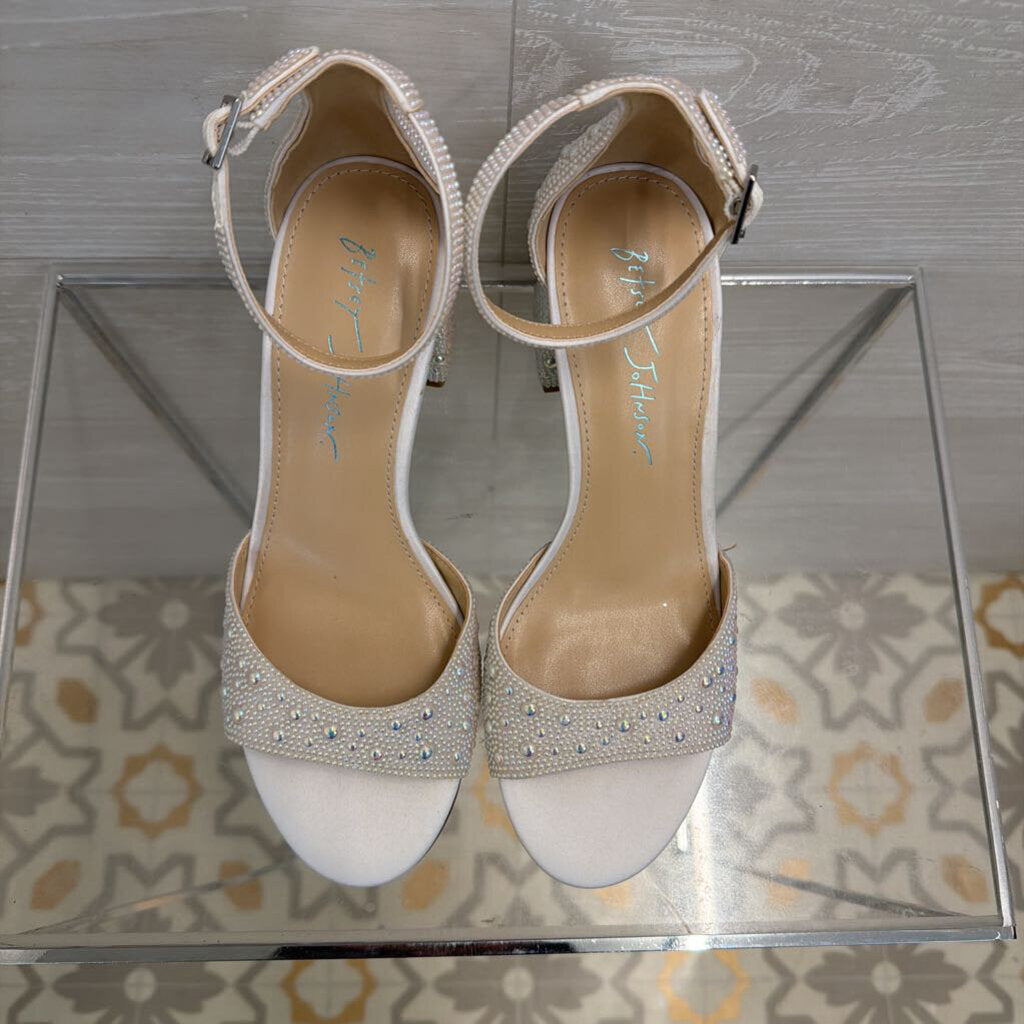Betsey Johnson Kami Pearl Embellished Block Ankle Strap Heels 7