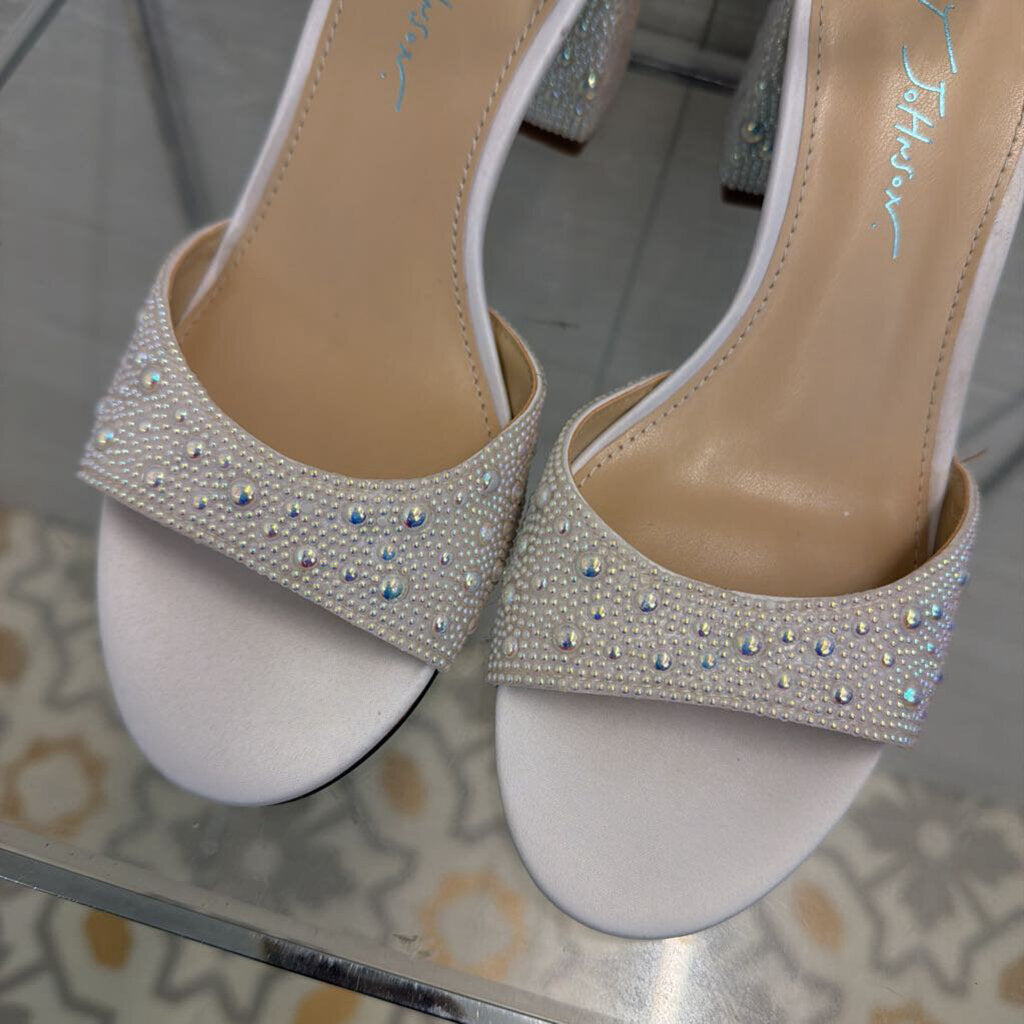 Betsey Johnson Kami Pearl Embellished Block Ankle Strap Heels 7