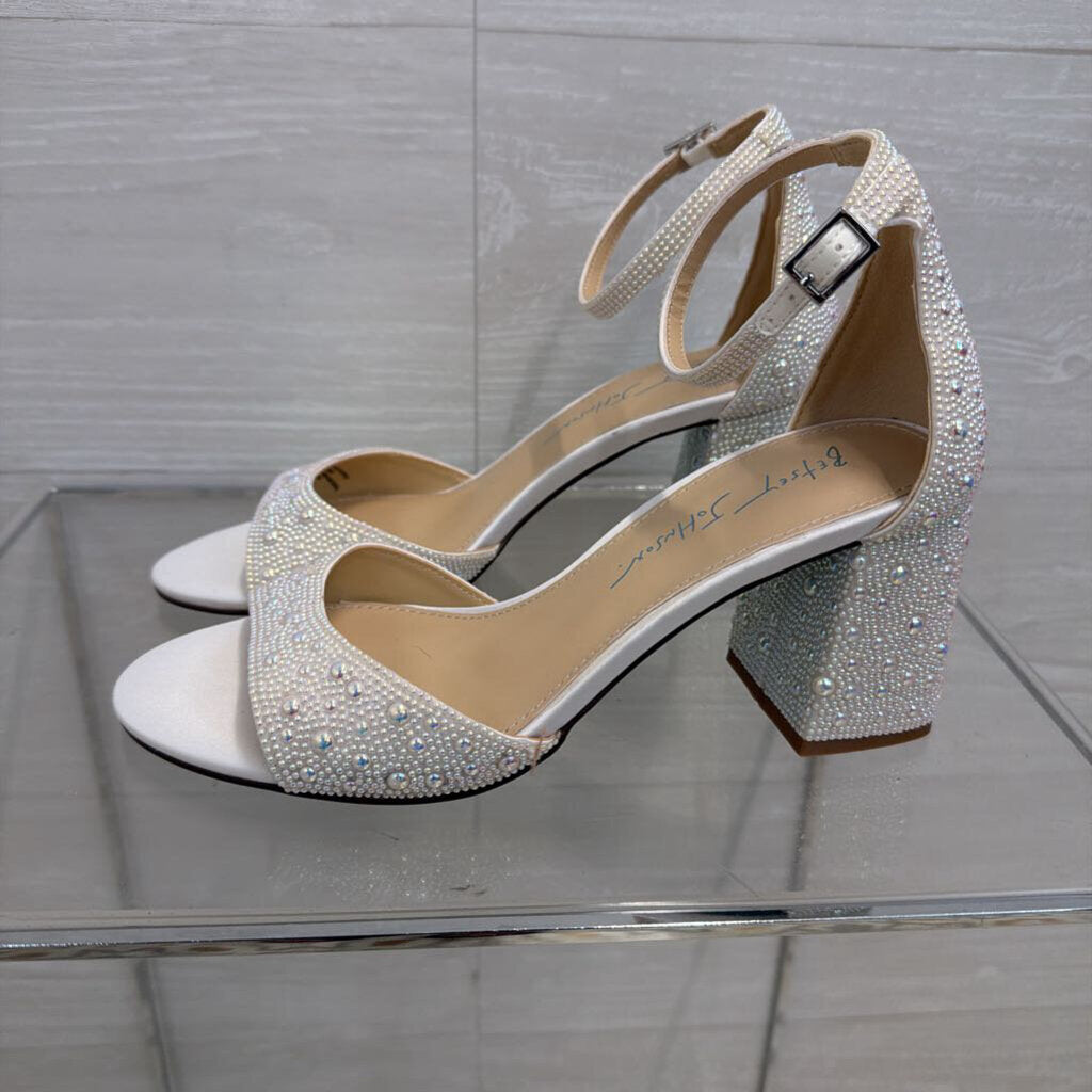 Betsey Johnson Kami Pearl Embellished Block Ankle Strap Heels 7
