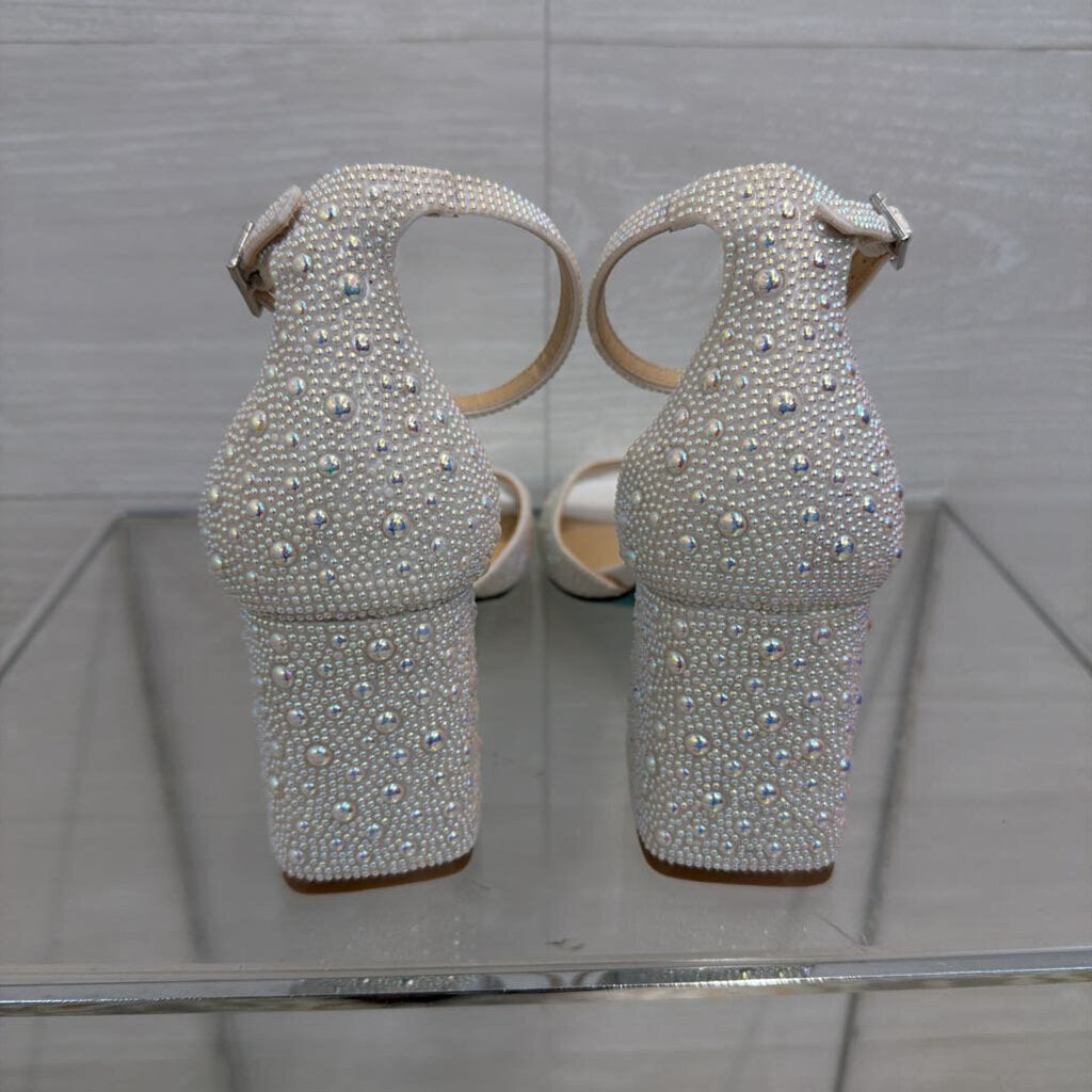 Betsey Johnson Kami Pearl Embellished Block Ankle Strap Heels 7