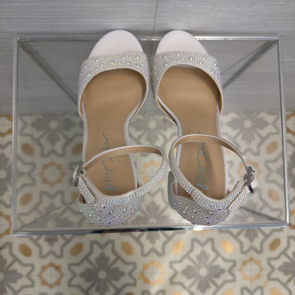 Betsey Johnson Kami Pearl Embellished Block Ankle Strap Heels 7