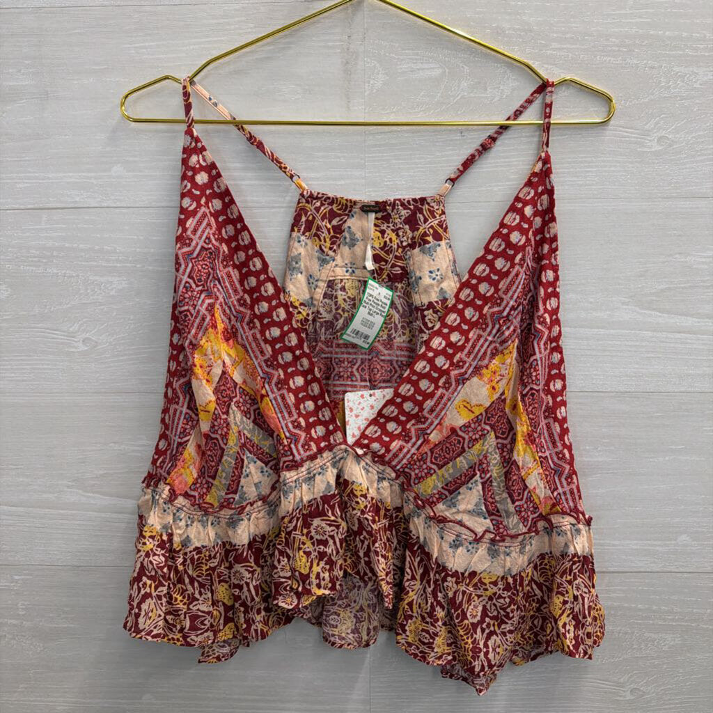 Free People Red/ Multi Print Cropped Tank Top Large