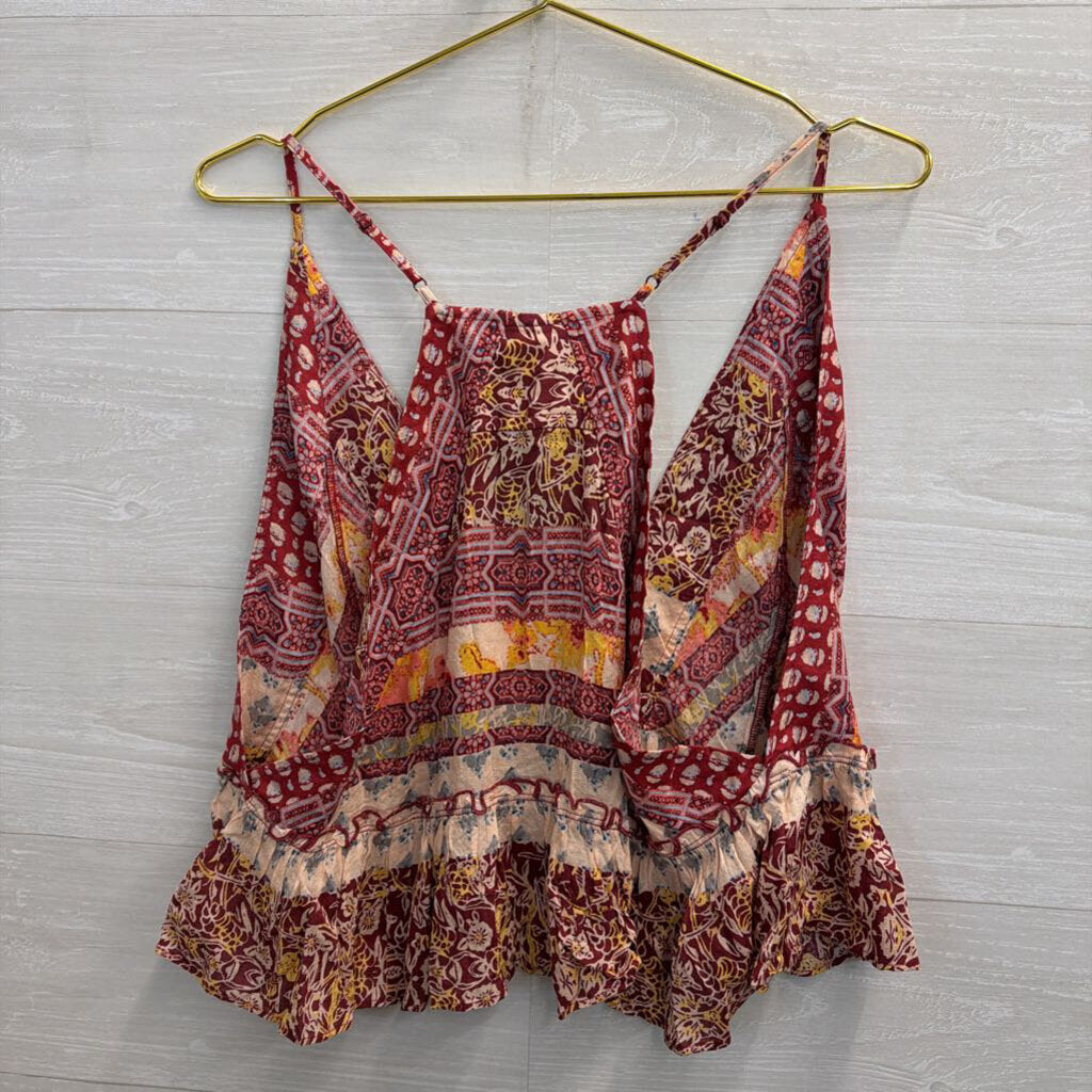 Free People Red/ Multi Print Cropped Tank Top Large