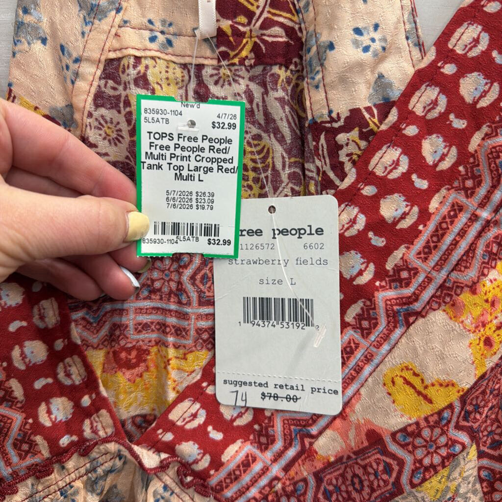Free People Red/ Multi Print Cropped Tank Top Large