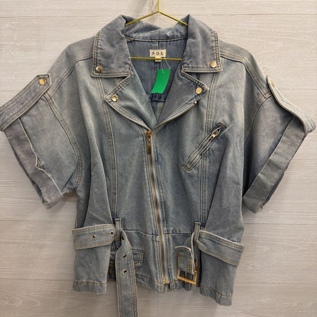 POL Light Wash Short Sleeve Belted Jacket Top Large