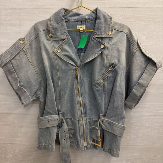 POL Light Wash Short Sleeve Belted Jacket Top Large