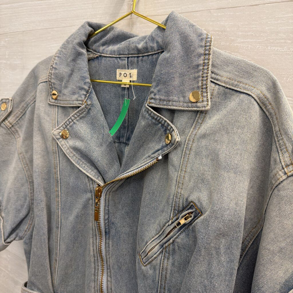 POL Light Wash Short Sleeve Belted Jacket Top Large