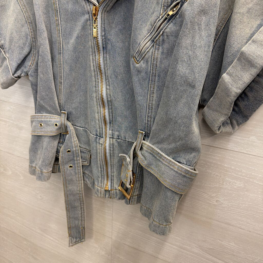 POL Light Wash Short Sleeve Belted Jacket Top Large