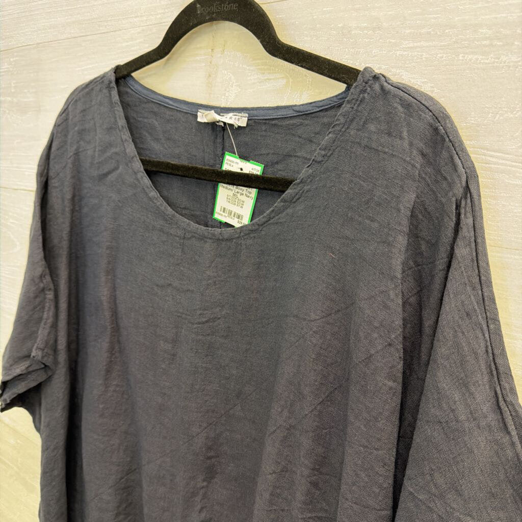Tempo Paris Navy 100% Linen Short Sleeve Boxy Top Medium/ Large
