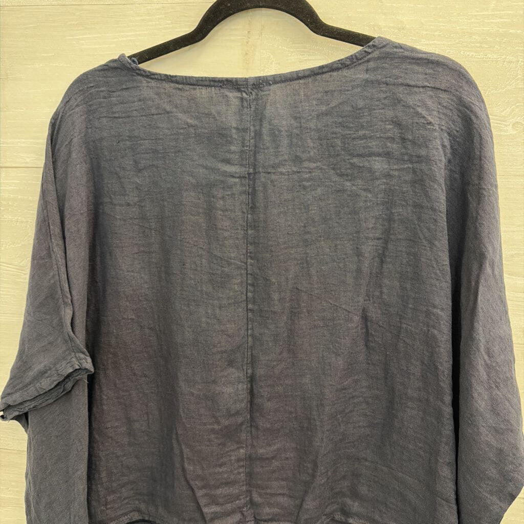 Tempo Paris Navy 100% Linen Short Sleeve Boxy Top Medium/ Large