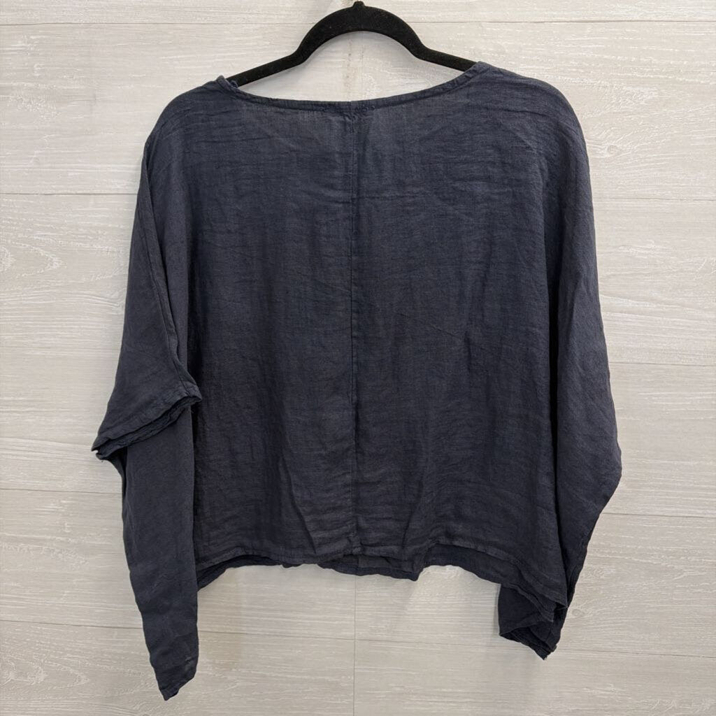 Tempo Paris Navy 100% Linen Short Sleeve Boxy Top Medium/ Large