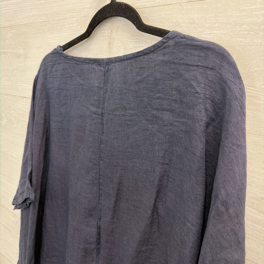 Tempo Paris Navy 100% Linen Short Sleeve Boxy Top Medium/ Large