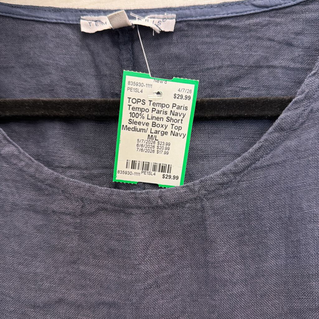 Tempo Paris Navy 100% Linen Short Sleeve Boxy Top Medium/ Large
