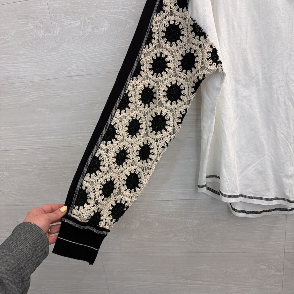 Artistic Works by Lu White/ Black Crochet Knit Long Sleeve Top Large