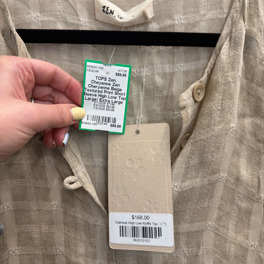 Zen Cheryenne Beige Textured Print Short Sleeve High Low Top Large/ Extra Large