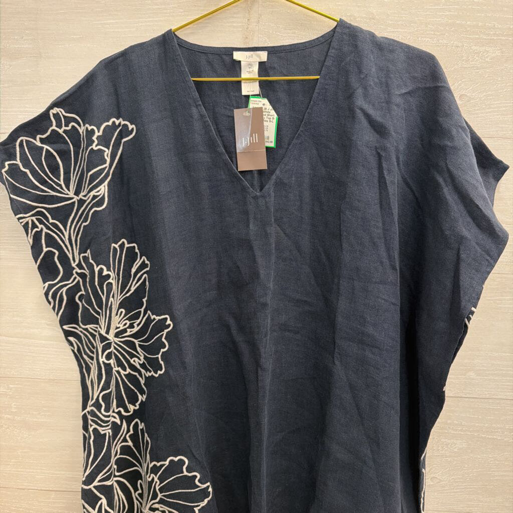 J Jill Navy/ White Embroidered Short Sleeve Boxy Top S-L