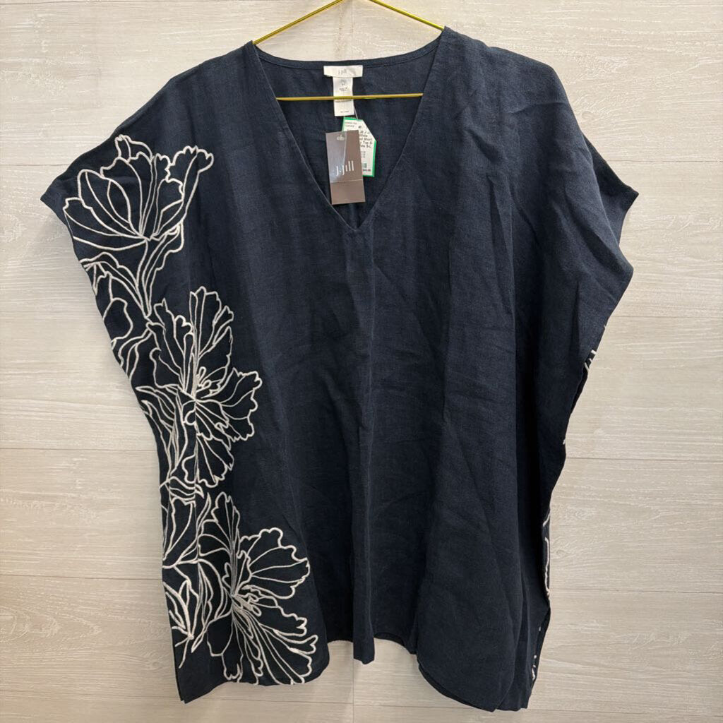 J Jill Navy/ White Embroidered Short Sleeve Boxy Top S-L