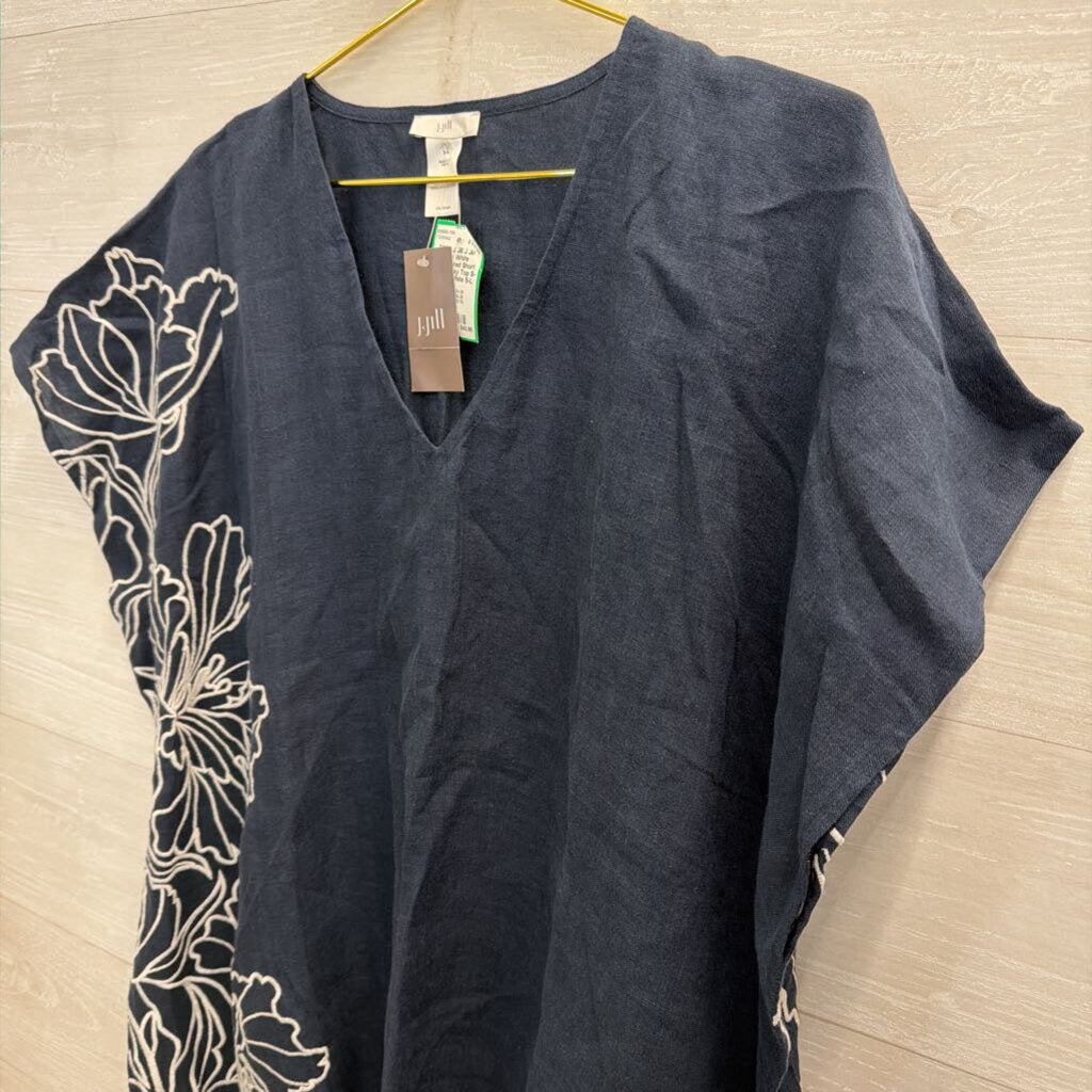 J Jill Navy/ White Embroidered Short Sleeve Boxy Top S-L