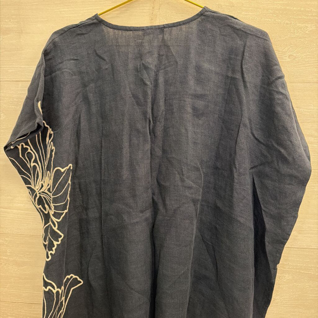 J Jill Navy/ White Embroidered Short Sleeve Boxy Top S-L
