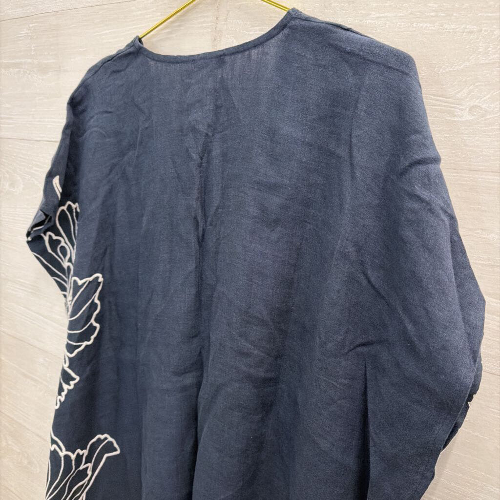 J Jill Navy/ White Embroidered Short Sleeve Boxy Top S-L