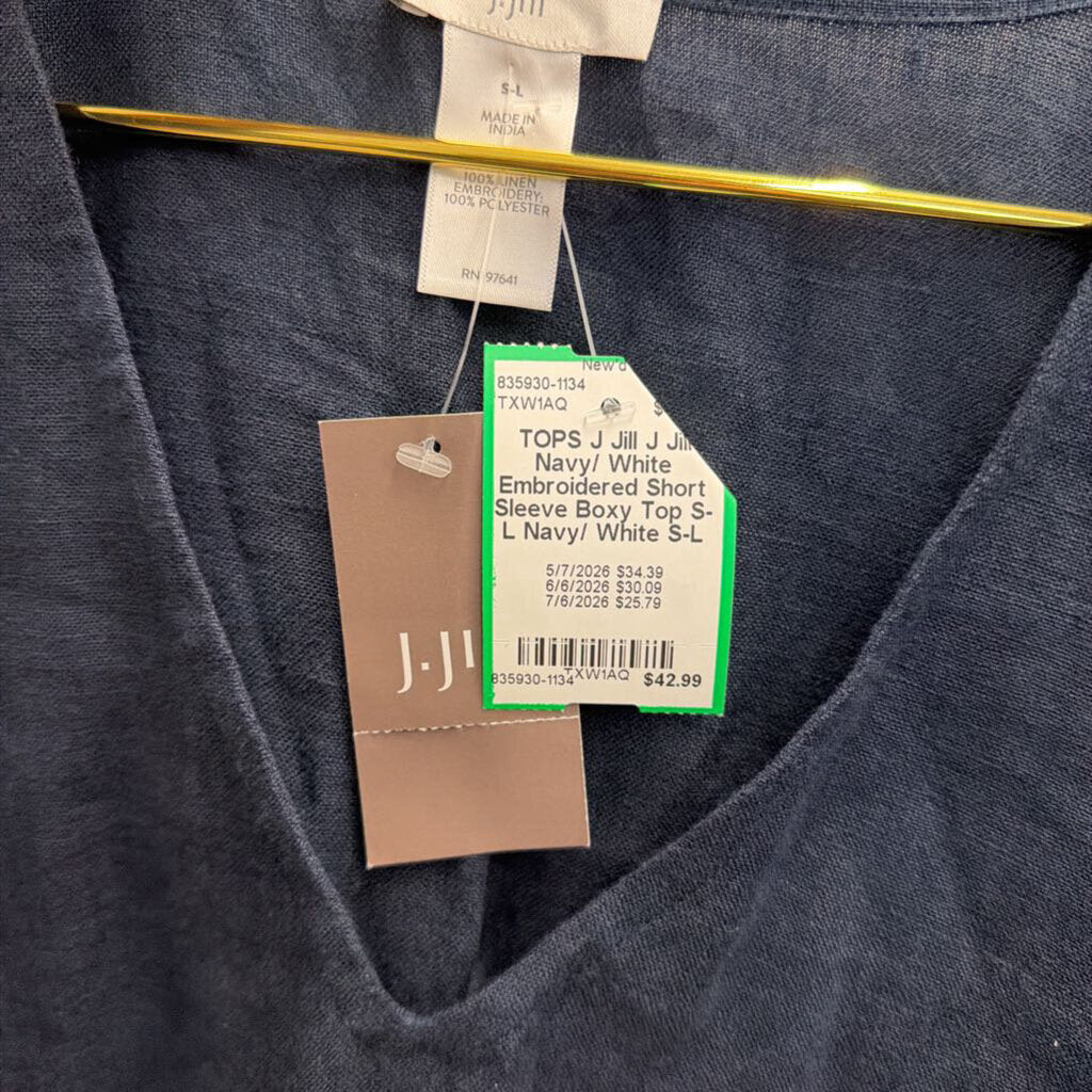 J Jill Navy/ White Embroidered Short Sleeve Boxy Top S-L