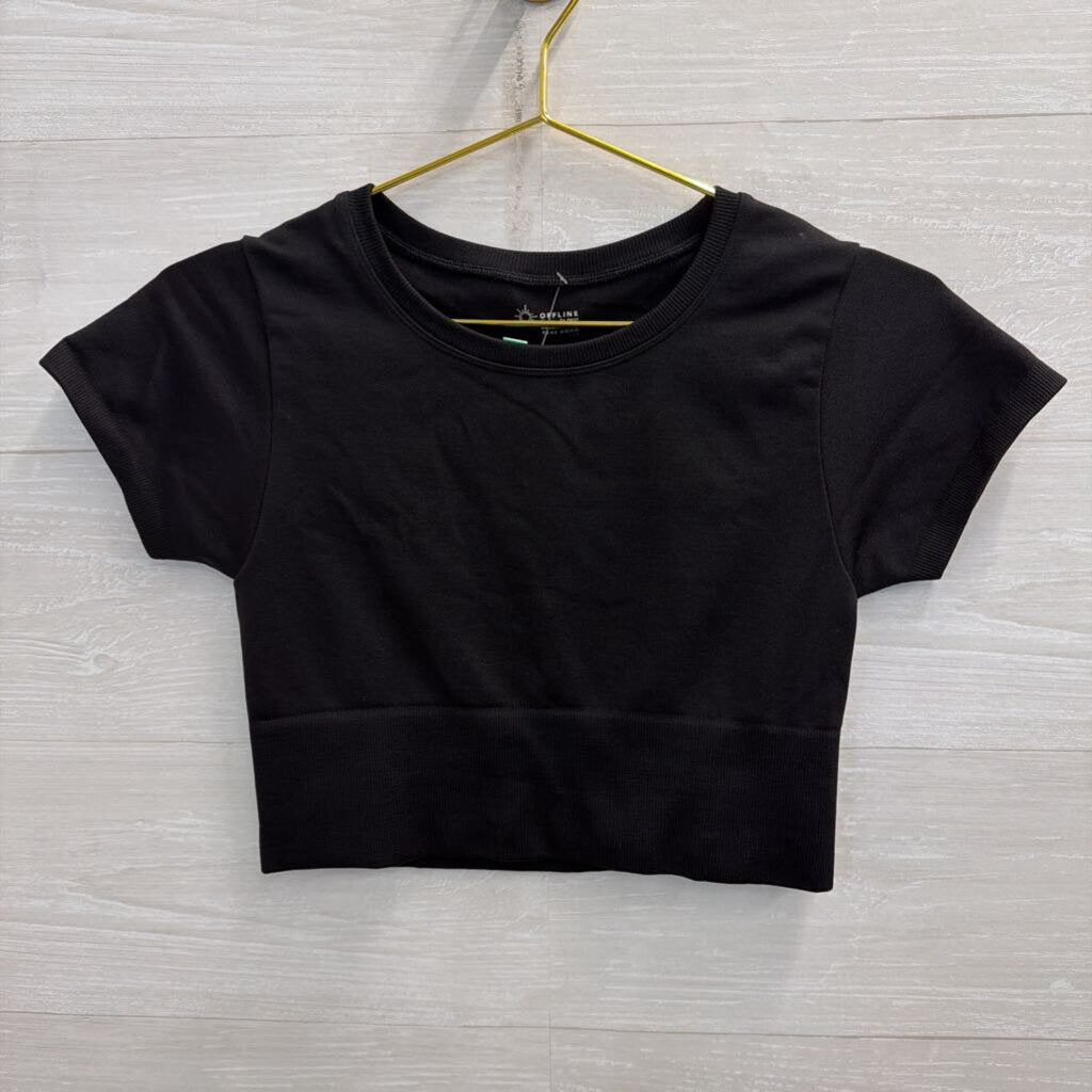 Offline by Aerie Black Cropped Short Sleeve Top Small