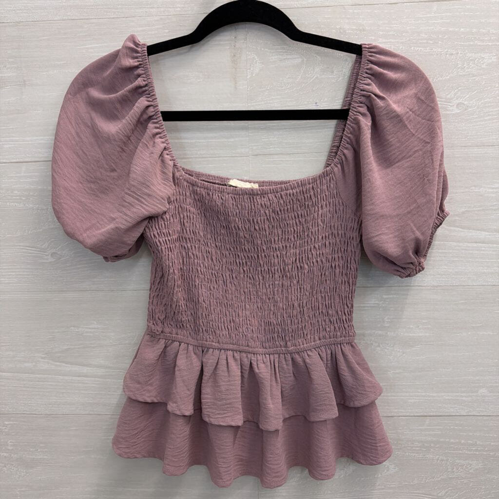 Altar'd State Purple Smocked Short Puff Sleeve Top Extra Small
