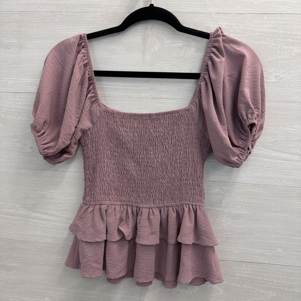 Altar'd State Purple Smocked Short Puff Sleeve Top Extra Small