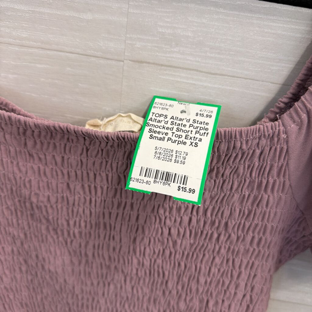 Altar'd State Purple Smocked Short Puff Sleeve Top Extra Small