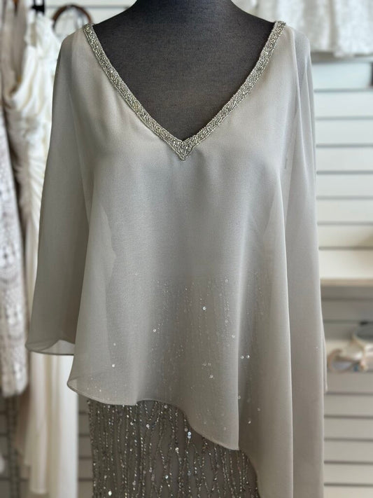 Oleg Cassini Grey/ Silver Sequin Beaded Skirt Cape Top Long Formal Dress 8