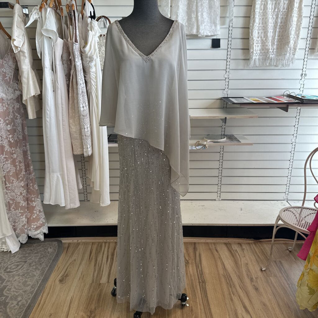 Oleg Cassini Grey/ Silver Sequin Beaded Skirt Cape Top Long Formal Dress 8