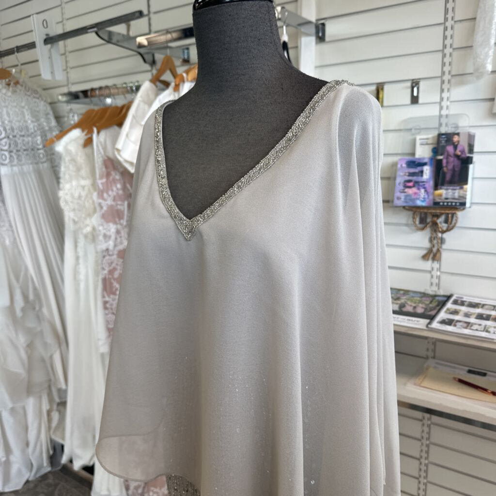 Oleg Cassini Grey/ Silver Sequin Beaded Skirt Cape Top Long Formal Dress 8