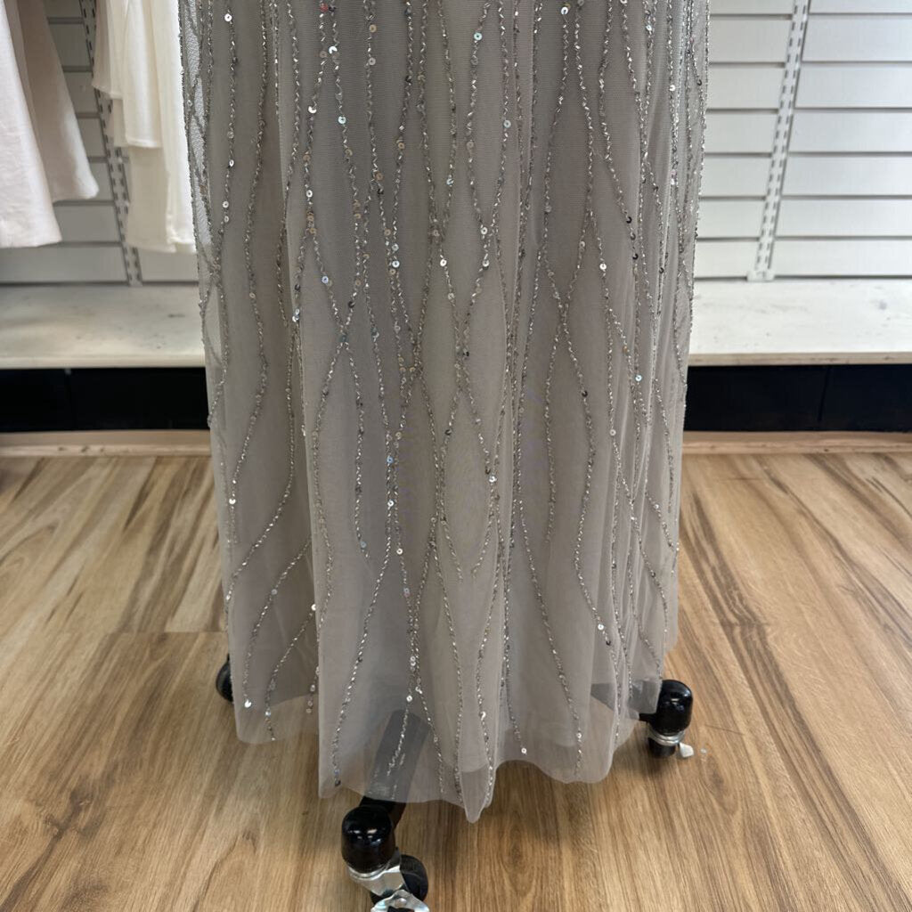 Oleg Cassini Grey/ Silver Sequin Beaded Skirt Cape Top Long Formal Dress 8
