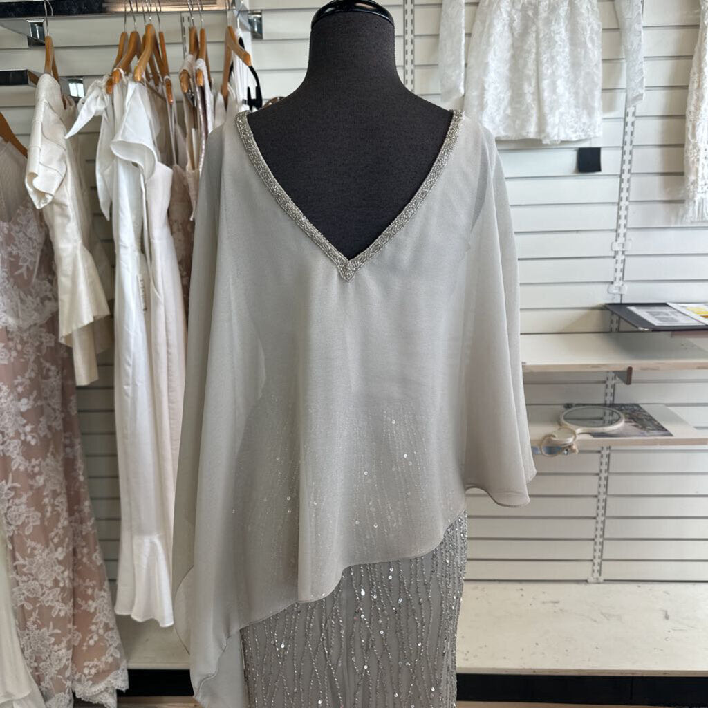 Oleg Cassini Grey/ Silver Sequin Beaded Skirt Cape Top Long Formal Dress 8