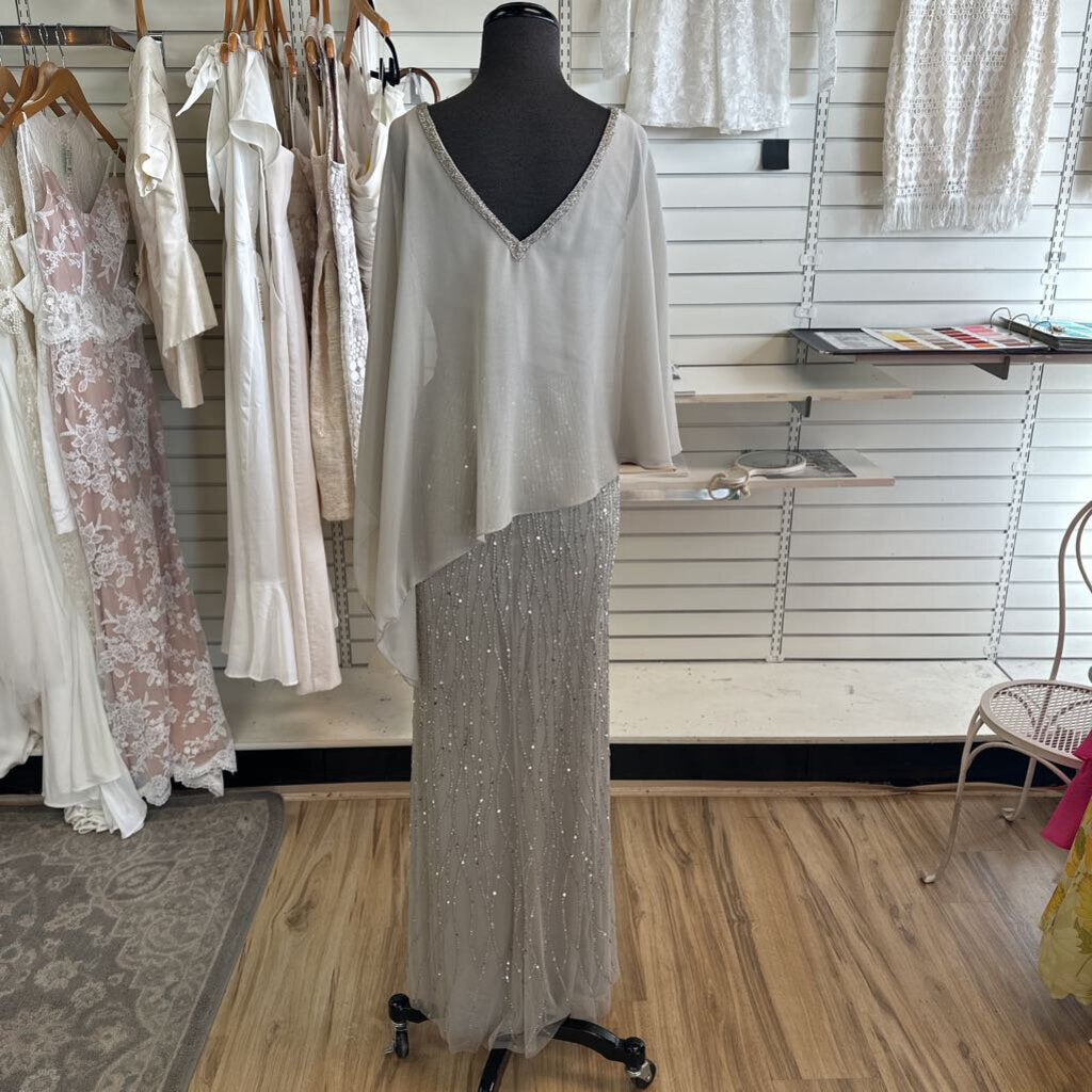 Oleg Cassini Grey/ Silver Sequin Beaded Skirt Cape Top Long Formal Dress 8