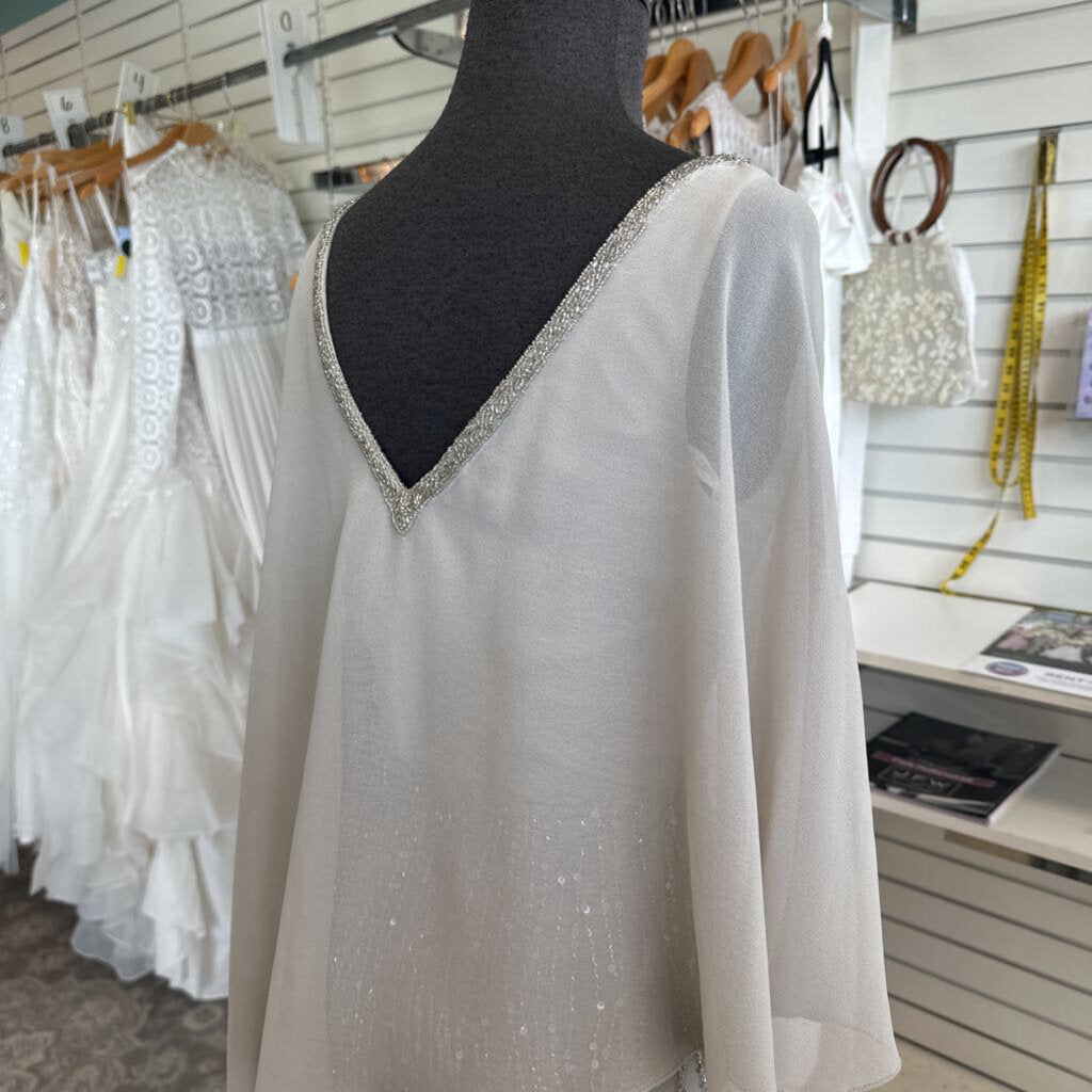 Oleg Cassini Grey/ Silver Sequin Beaded Skirt Cape Top Long Formal Dress 8