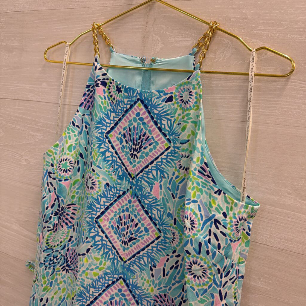 Lilly Pulitzer Blue/ Multi Print Chain Neck Donna Romper Dress 8