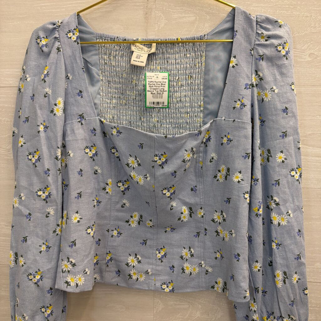 Rachel Zoe Blue/ Multi Floral Print Cropped Long Sleeve Top Medium