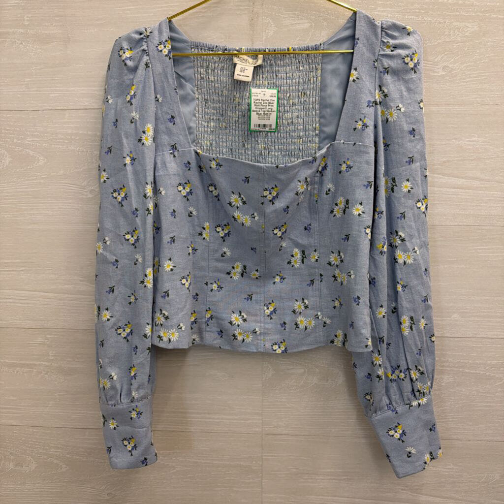 Rachel Zoe Blue/ Multi Floral Print Cropped Long Sleeve Top Medium