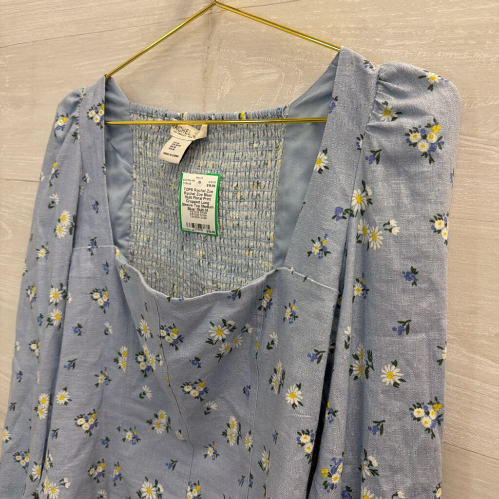 Rachel Zoe Blue/ Multi Floral Print Cropped Long Sleeve Top Medium