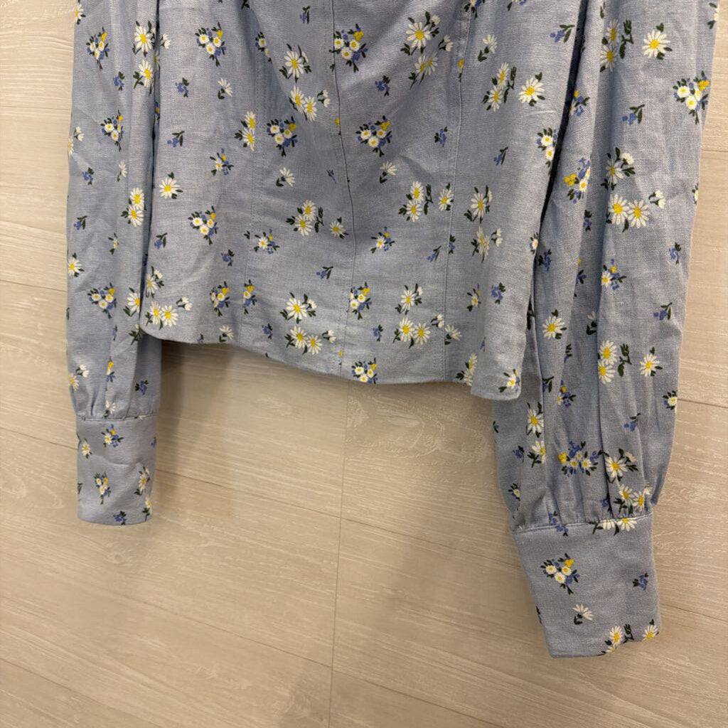 Rachel Zoe Blue/ Multi Floral Print Cropped Long Sleeve Top Medium